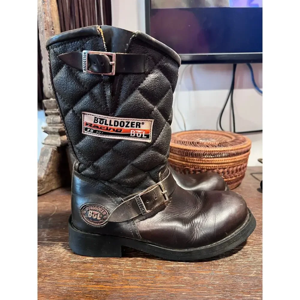 Vintage Buldozer Racing quilted leather biker boots Brown Size 38 7.5